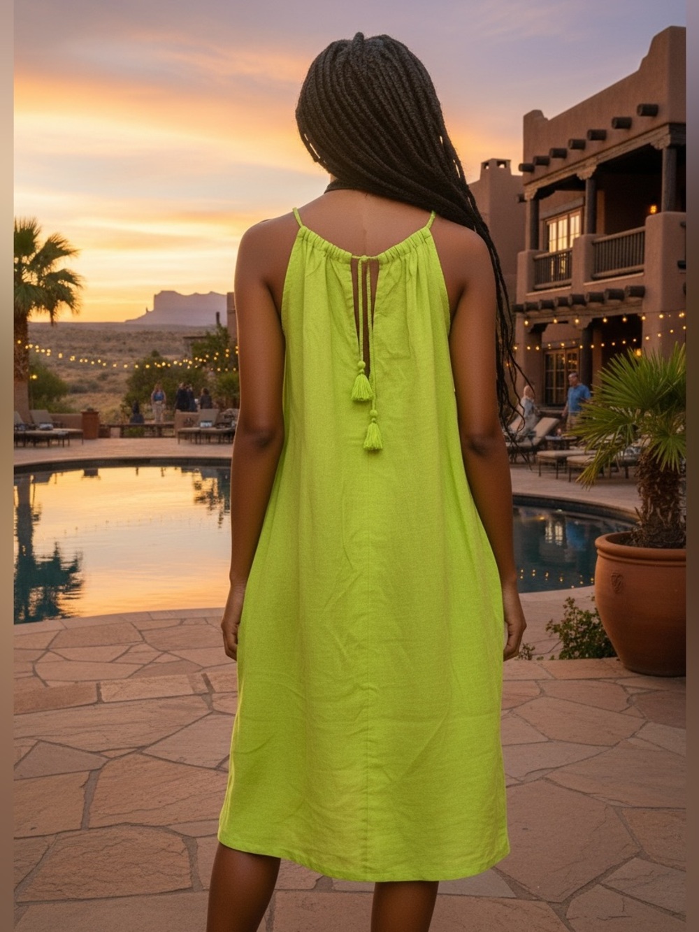 C&C California Lime Linen Halter Dress Lg Fall Cruise Autumn ResortWear Pockets